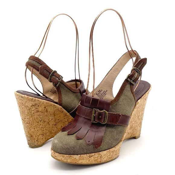 Frye Pepper Kiltie Wedge Sandals Sz 6 Brown Leather Canvas Cork Slingback Buckle - Picture 4 of 16